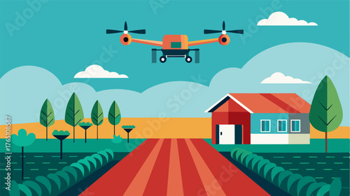 A drone flying over a farm equipped with advanced sensors to measure nutrient levels in realtime.. Vector illustration