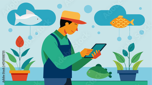 A farmer checking realtime data on their phone ensuring optimal conditions for their fish and plants in the aquaponics system.. Vector illustration