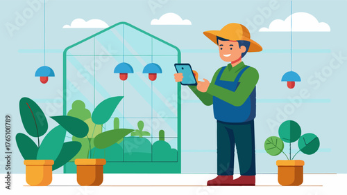 A farmer remotely adjusts the temperature control in their greenhouse through a mobile app ensuring optimal growing conditions for their plants.. Vector illustration