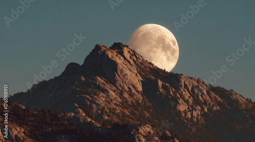 Full moon aligning above and behind a rounded mountain peak at sunset
