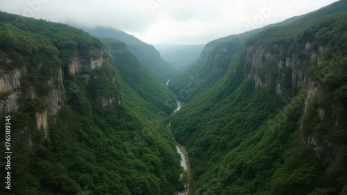 Summer view from a high mountain peak overlooking a green forest valley under a cloudy sky
