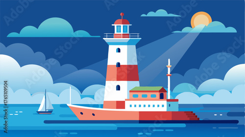 A lighthouse stands tall at the edge of the harbor its beam guiding ships safely to shore.