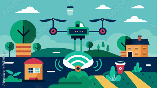 A futuristic illustration of an AIpowered farm management system utilizing drones robots and other smart devices to continually monitor and optimize soil health for sustainable and. Vector