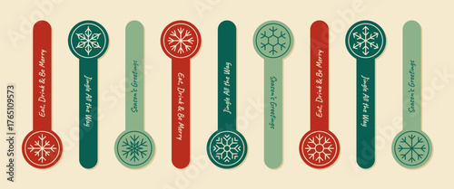 Set of round sticker label for christmas box in red and green, each holiday ornament with snowflake and seal outline icon. Decorative set for holiday package or box, classic seasonal sticker