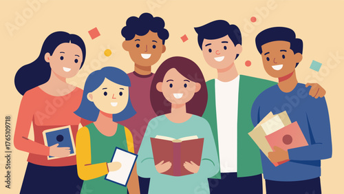 A group of friends gather for a nostalgic afternoon of scrapbooking lovingly adding photos and mementos that bring to life happy memories of their college days.. Vector illustration