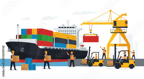 Workers loading cargo containers onto a ship with a crane and forklifts at a busy port