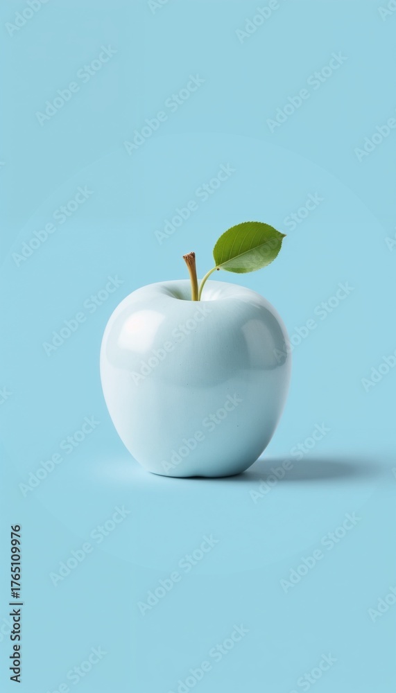 Obraz premium Glossy blue apple with green leaf on pastel blue background 