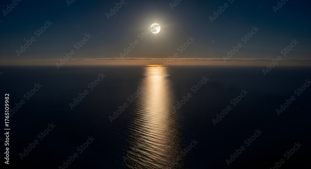 Naklejka premium Bright full moon reflecting a golden path on a dark sea at night