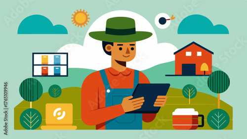 A farmer remotely managing their farms inventory and supply chain through a centralized app.. Vector illustration
