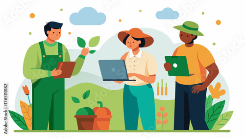 A group of farmers collaboratively analyze data collected from their farms including soil quality pest infestations and climate conditions to collectively make informed decisions. Vector illustration