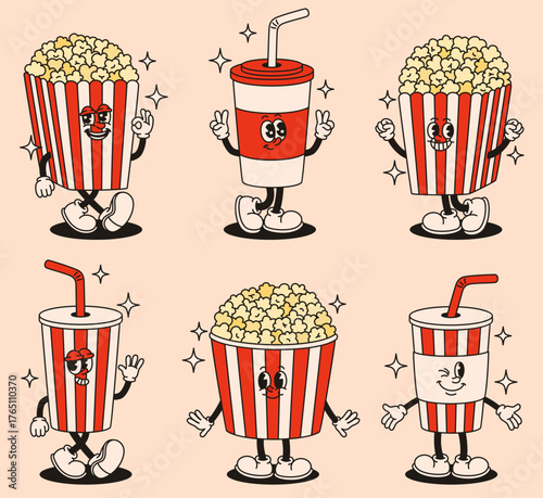 Set of groovy popcorn and soda characters. Flat vector illustration.