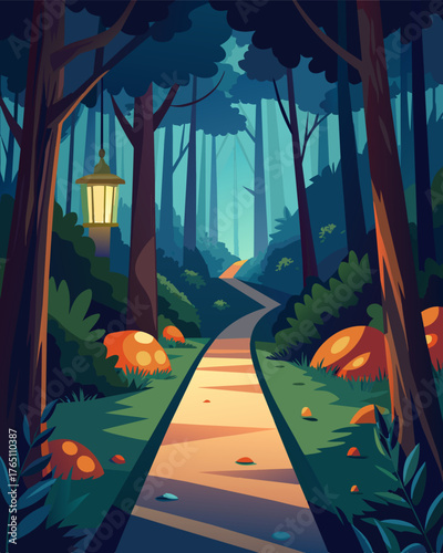 A serene forest trail illuminated by soft solarpowered lights that blend in perfectly with the natural surroundings.. Vector illustration