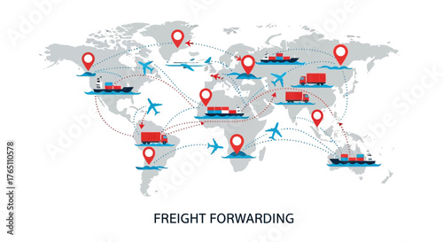 Infographic of global freight forwarding network with map and transportation icons