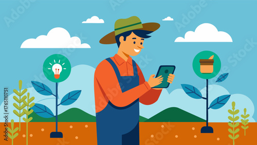 A farmer using a handheld device equipped with AI technology to analyze soil samples and receive immediate recommendations for increasing soil health and crop productivity.. Vector illustration