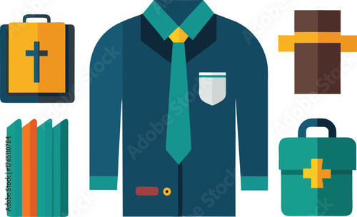 Modern Christian ministry tools for church communications and outreach, including a suit, cross, briefcase, first aid kit, and sermon notes