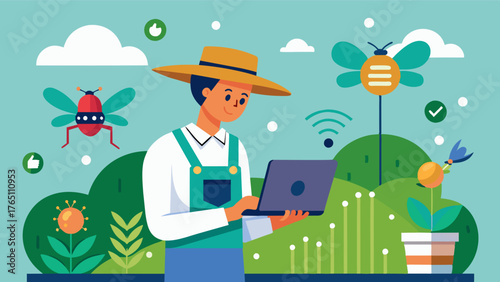A farmer using the predictive analysis feature of smart farm management software to anticipate potential pest infestations and take preventative measures to protect their crops.. Vector illustration