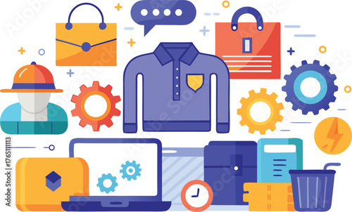 Modern retail vector with shopping bags, laptop and shirt for a trendy store concept, perfect for e-commerce marketing or online fashion campaigns