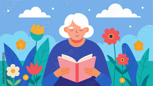 A senior reading an interactive storybook in a peaceful garden setting surrounded by colorful flowers and nature providing a calming and stimulating environment for memory. Vector illustration