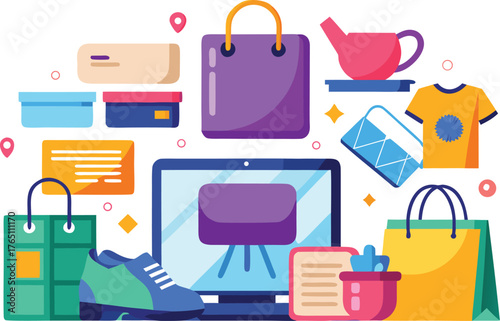 Stylish online shopping concept with vibrant bags, clothes, and gifts - perfect for eCommerce promotions and modern retail advertising campaigns