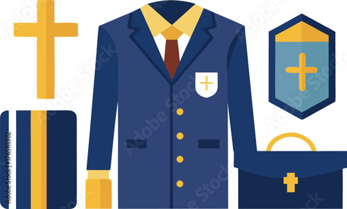 Inspiring Christian ministry, showing faith, and hope with a cross, suit, Bible, and briefcase for religious illustrations and designs for church events