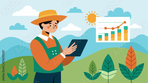A farmer uses historical weather data and crop growth patterns to create an optimized irrigation schedule.. Vector illustration