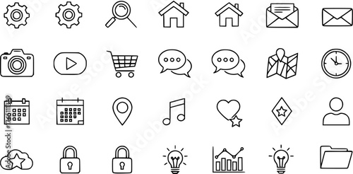 Collection of Minimalist Outline UIUX Icons for Web and Mobile Apps: Settings, Home, Mail, Camera, Shopping, Chat, Map, Calendar, Music, User, Security, Idea, Analytics, Folder.
