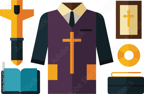 Faithful Symbols Illustration featuring Cross, Vestment, Bible and Ring, conveying Church, Religion, Christianity, and Religious Service themes beautifully