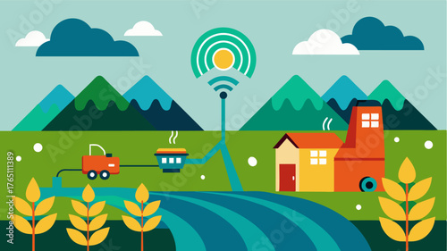 A farm equipped with soil moisture sensors and AIcontrolled irrigation reducing water waste and increasing crop yield.. Vector illustration