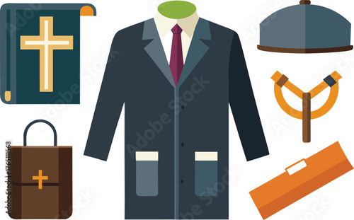 Inspiring faith and dedication, a symbol of religion with a man's suit, tools, and accessories conveying purpose and community spirit today