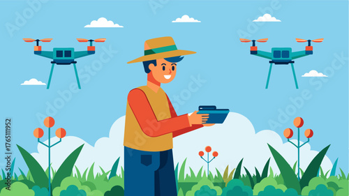 A farmer using a handheld remote control to operate a herd of robotic weed control drones. The drones work together to scan and remove weeds in a large area of crops drastically. Vector illustration