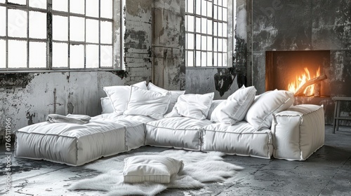 White Sofa with Pillows in Industrial Interior with Fireplace