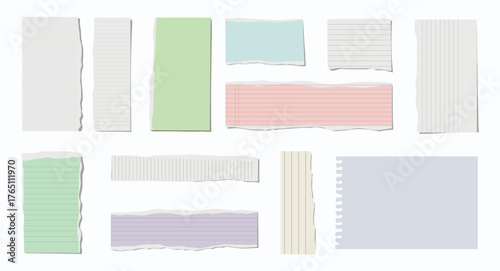 Collection of torn paper scraps in various pastel colors and sizes arranged on a white background