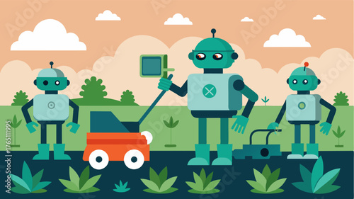 A group of autonomous weeding robots collaborate to cover a large area effectively and efficiently managing a weed infestation.. Vector illustration