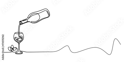 Liquid Lines: A Toast in Motion, A minimalist line drawing of a wine bottle pouring into a glass with ice and citrus, rendered in a single elegant stroke