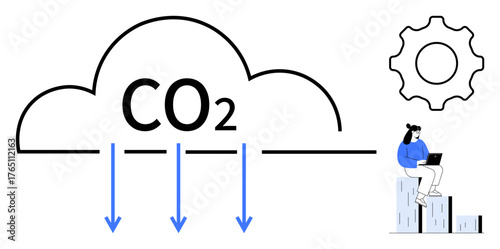 Cloud labeled CO2 with arrows pointing downward, gear symbol, person using a laptop. Ideal for sustainability, emissions reduction, environmental technology, carbon capture, innovation, climate