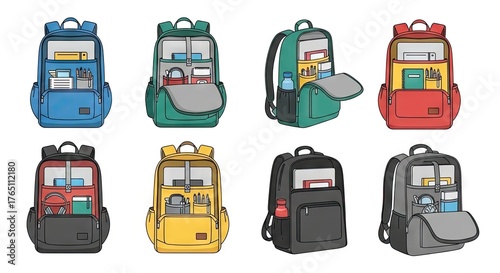 Pixelated Colorful Backpacks Displaying Contents Against White Background