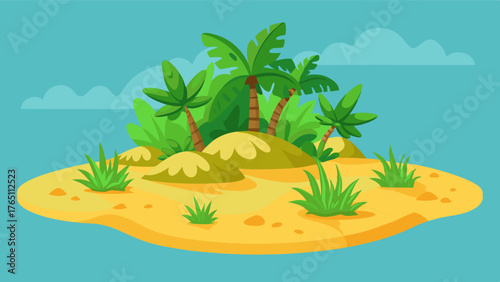 A patch of lush greenery amidst a sea of golden sand providing a small oasis for wildlife on the otherwise barren island.