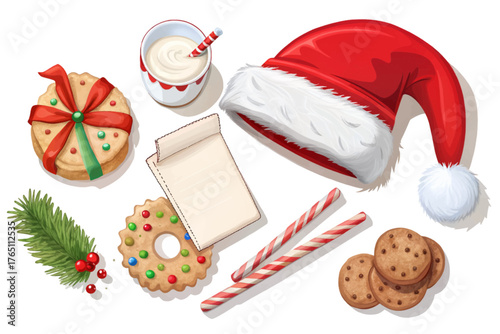 Flat lay of Santa hat, cookies, milk glass, and Christmas list on white isolated background.