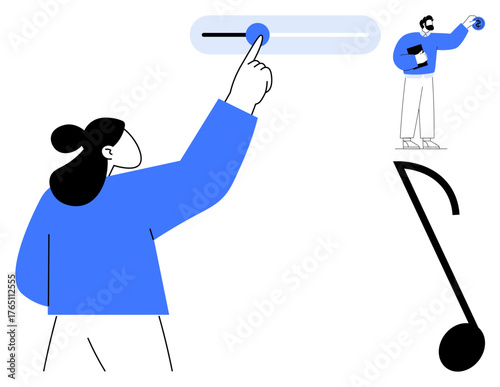 Person adjusting a slider, smaller individual holding a globe, abstract note for creativity. Ideal for teamwork, collaboration, settings, flexibility, leadership creative thinking progress. Simple