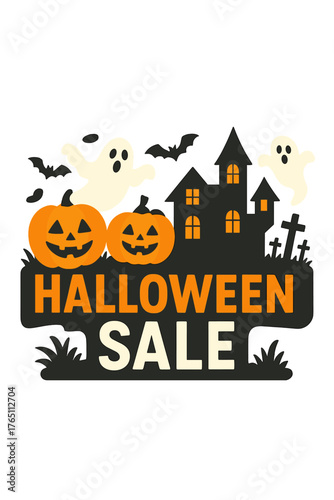 Halloween Sale banner: a vector illustration for promoting sales on Halloween featuring pumpkins, bats, ghosts, a haunted house, and graveyard decorations