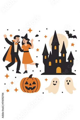 Happy Halloween! Vector illustrations of a costume party, pumpkin, pattern, a gloomy castle, and a ghost for the background of a poster or flyer