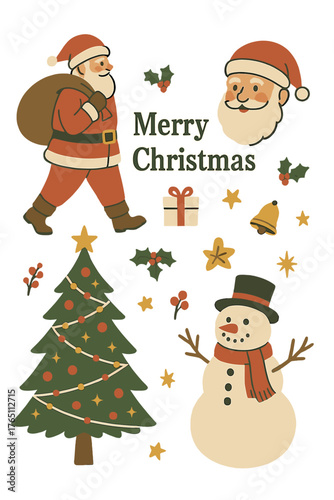 Vintage-style Christmas vector kit for designing postcards, invitations, or posters, featuring Santa Claus with a gift bag, a Santa Claus head, a Christmas tree, and a snowman