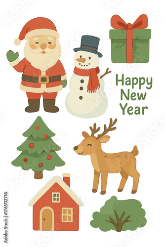 A hand‑drawn watercolor set featuring a Christmas holiday theme with Santa Claus, a snowman, a gift box, a reindeer, a tree, and a house, plus a happy new year vector clipart illustration