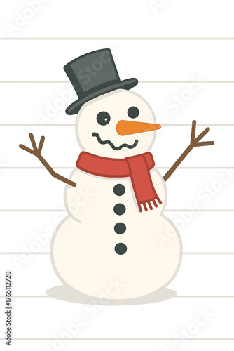 A whimsical snowman assembled from various components against a white wooden backdrop, captured in a flat lay