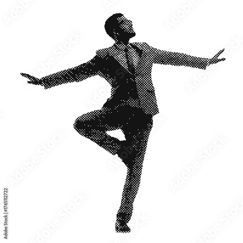 Creative halftone businessman balancing symbolizing challenge and opportunity