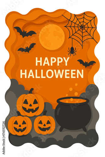 A paper‑cut style Halloween banner or party invitation background featuring clouds, bats, pumpkins, an orange‑sky full moon, a spider web, and a witch cauldron, with space for text