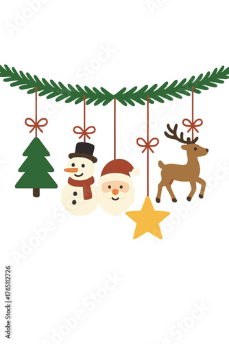 Vector background featuring Christmas decorations, hanging ornaments, garland, a Christmas tree, snowman, Santa, star, reindeer, gingerbread, and New Year winter holiday decor isolated on a