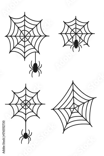 A black-and-white vector illustration of a set of Halloween cobweb spiders