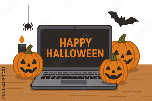 A laptop with happy Halloween pumpkins on the table sets the workspace background, while a computer on a Halloween holiday desk is decorated for a cozy remote office party celebration