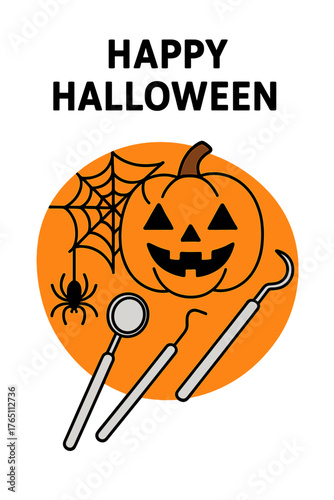 Wishing you a happy Halloween with a dental theme, complete with a spider‑webbed pumpkin and dental tools on an orange